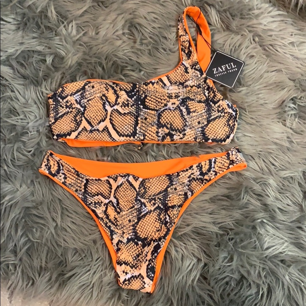 One Shoulder Snake Skin/Orange Reversable Swimsuit